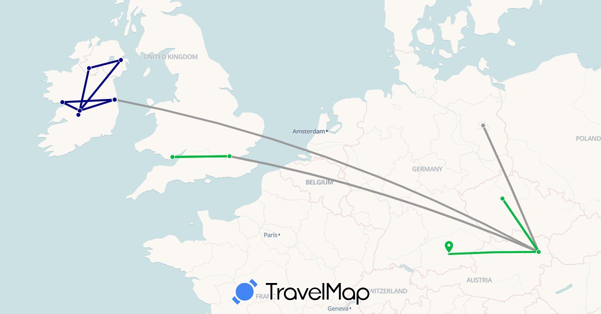 TravelMap itinerary: driving, bus, plane in Austria, Czech Republic, Germany, United Kingdom, Ireland (Europe)